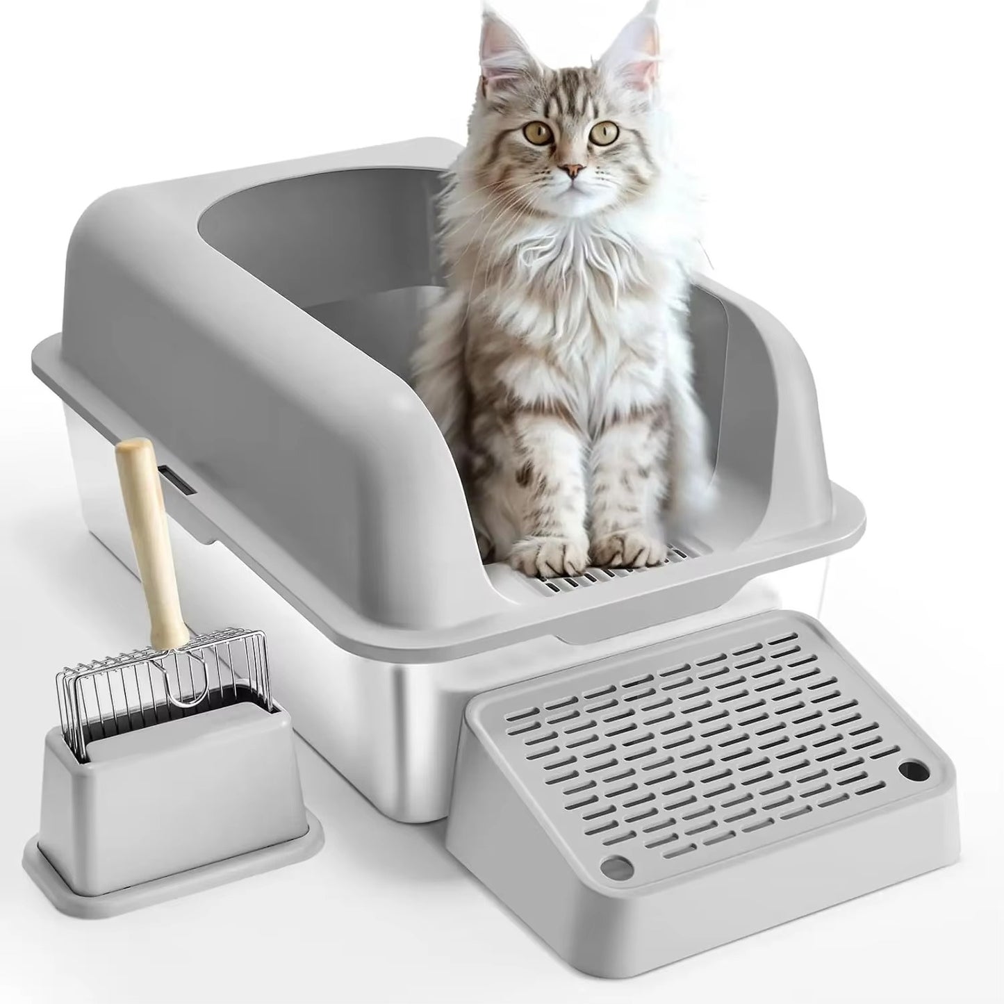60L Stainless Steel Cat Litter Box with Scoop & Foot Board - Semi/Full Enclosed, Odor-Free