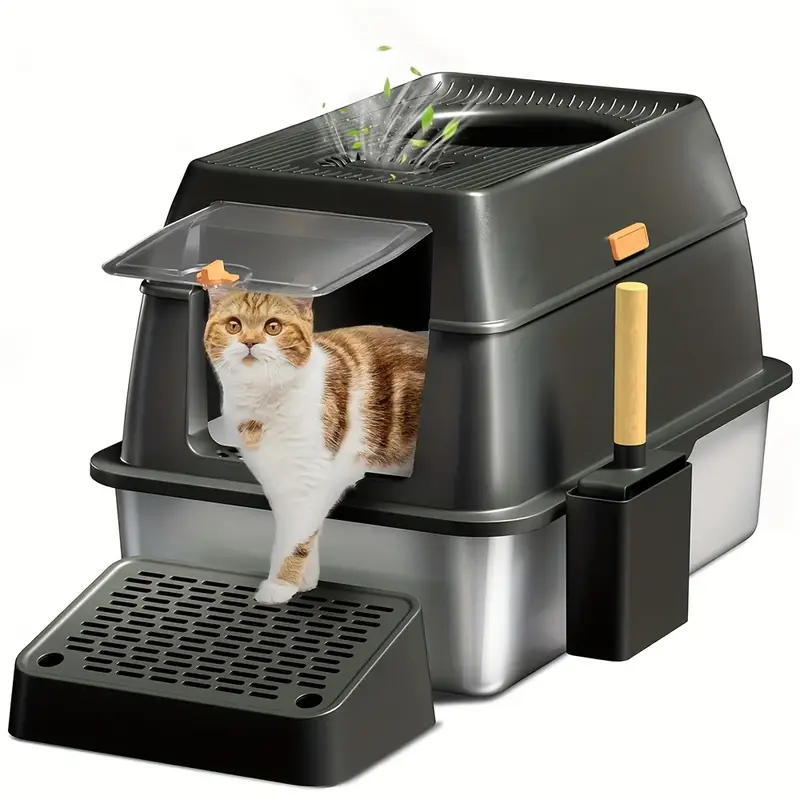 60L Stainless Steel Cat Litter Box with Scoop & Foot Board - Semi/Full Enclosed, Odor-Free