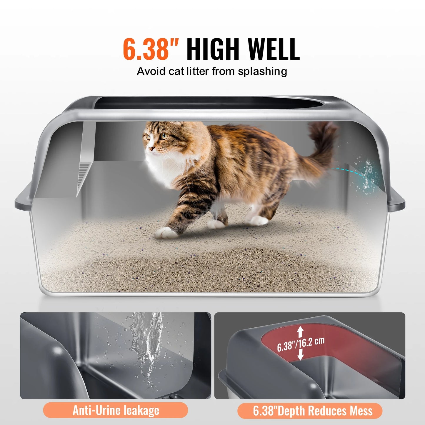 60L Stainless Steel Cat Litter Box with Scoop & Foot Board - Semi/Full Enclosed, Odor-Free