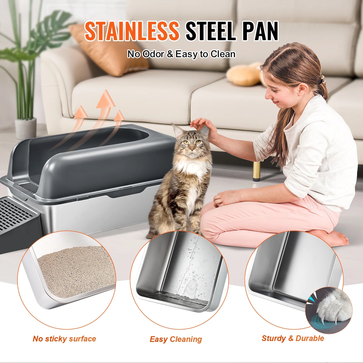 60L Stainless Steel Cat Litter Box with Scoop & Foot Board - Semi/Full Enclosed, Odor-Free