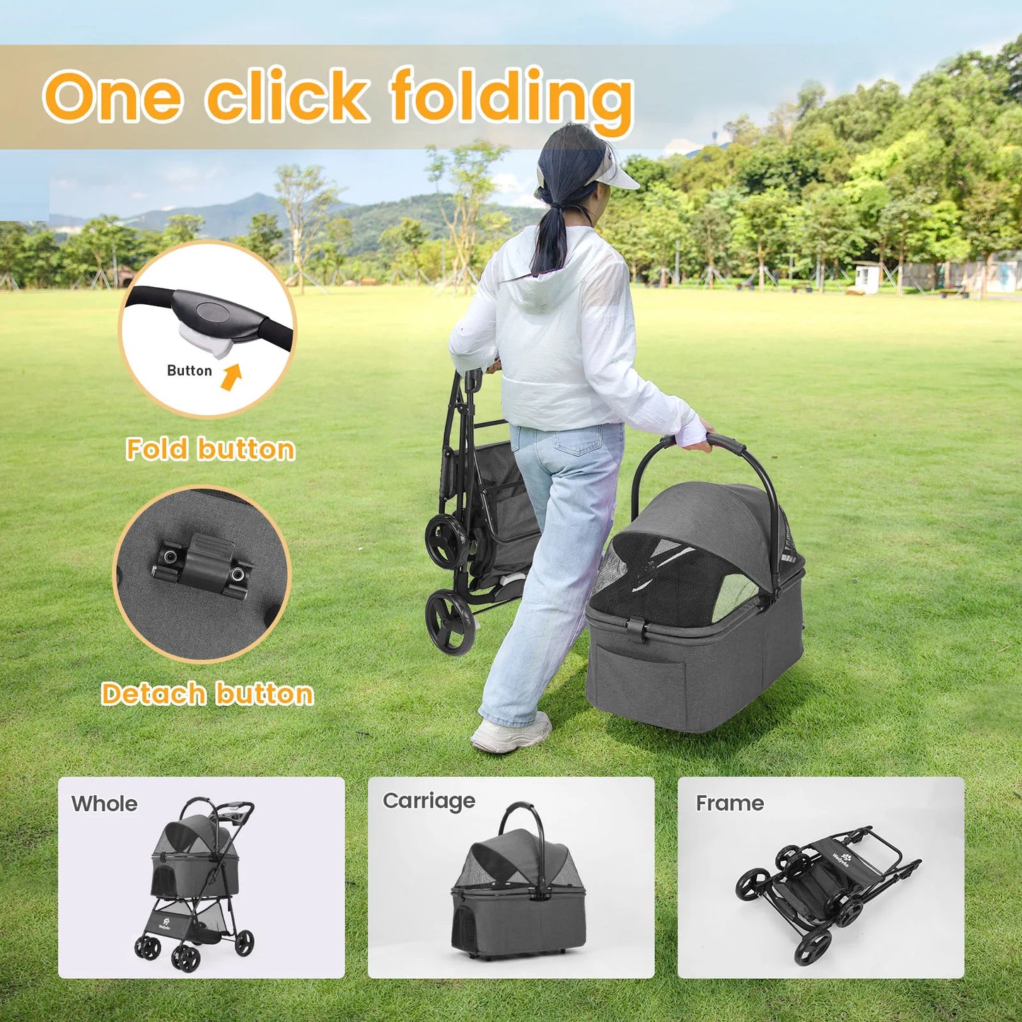 Luxury Detachable Pet Stroller - One-Click Folding
