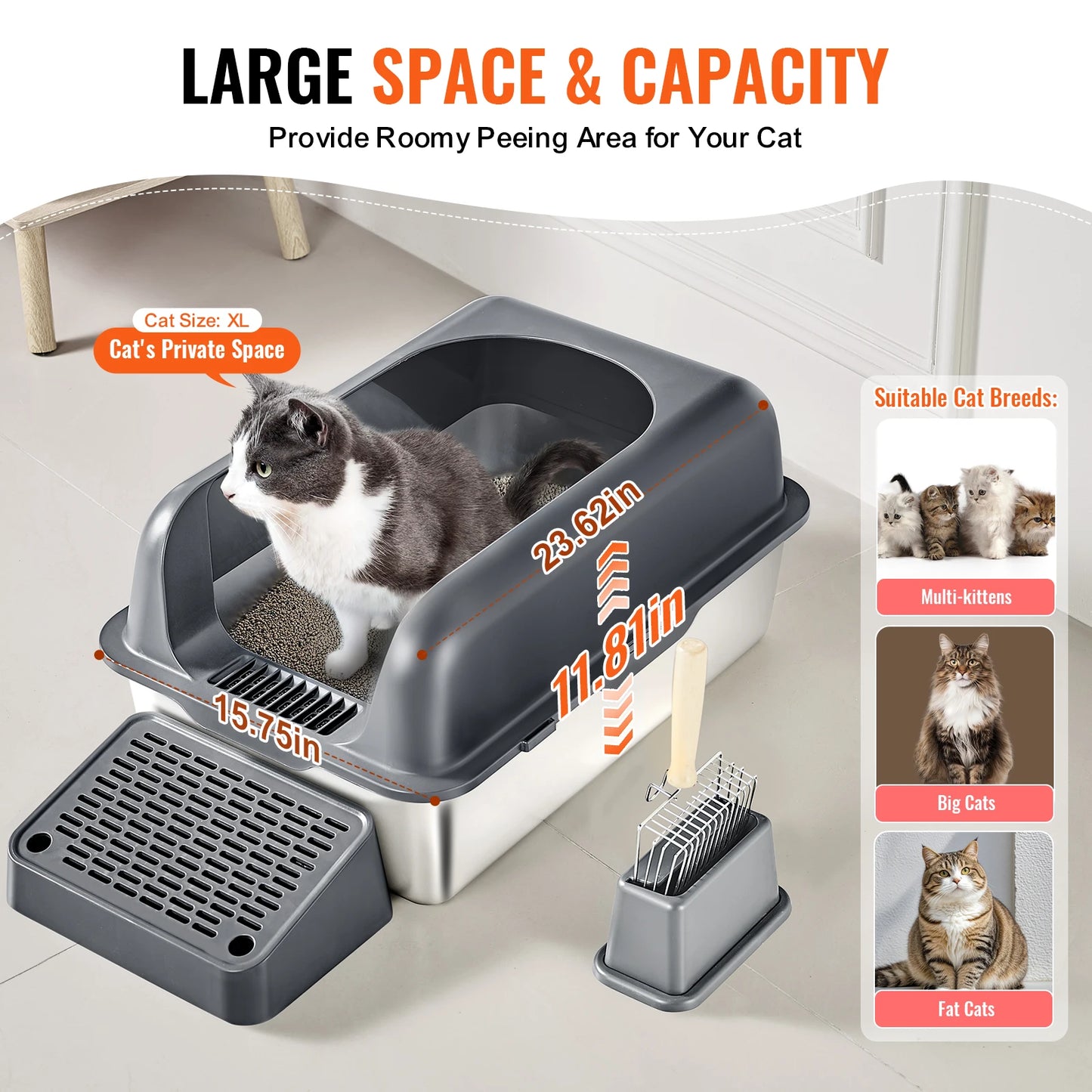 60L Stainless Steel Cat Litter Box with Scoop & Foot Board - Semi/Full Enclosed, Odor-Free