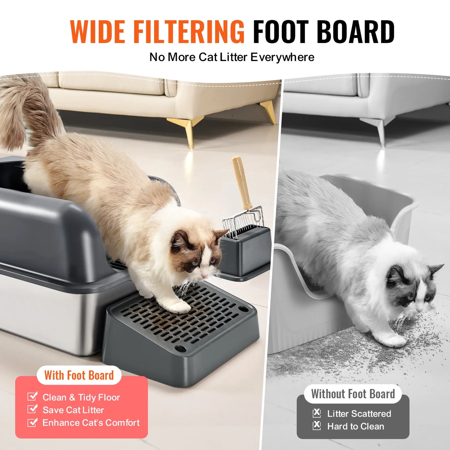 60L Stainless Steel Cat Litter Box with Scoop & Foot Board - Semi/Full Enclosed, Odor-Free