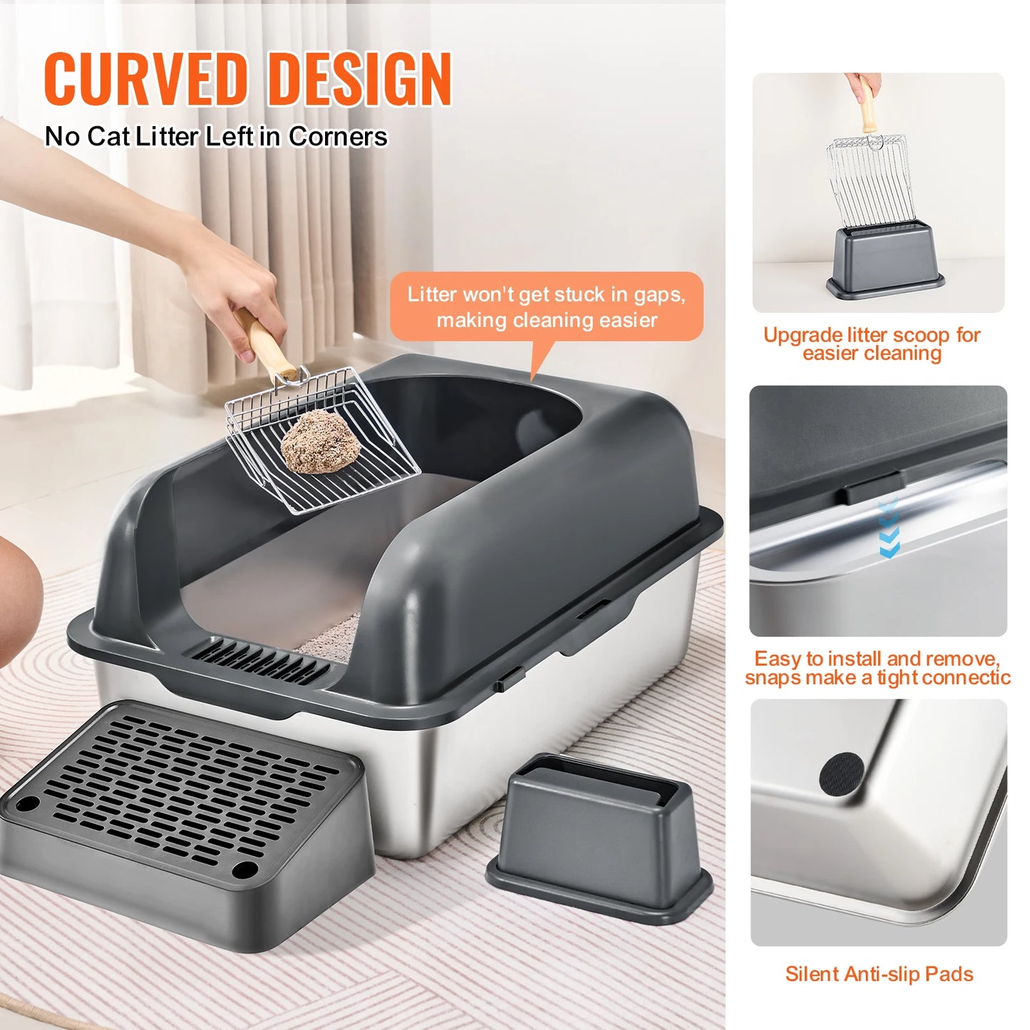 60L Stainless Steel Cat Litter Box with Scoop & Foot Board - Semi/Full Enclosed, Odor-Free