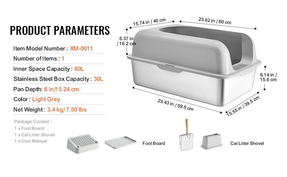 60L Stainless Steel Cat Litter Box with Scoop & Foot Board - Semi/Full Enclosed, Odor-Free