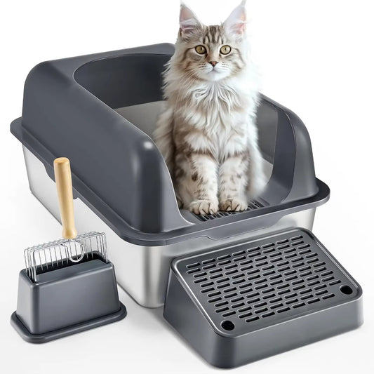 60L Stainless Steel Cat Litter Box with Scoop & Foot Board - Semi/Full Enclosed, Odor-Free