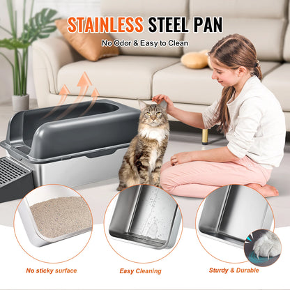 60L Stainless Steel Cat Litter Box with Scoop & Foot Board - Semi/Full Enclosed, Odor-Free