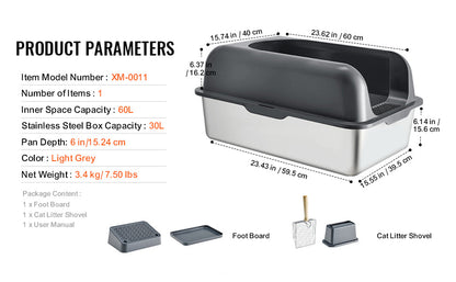 60L Stainless Steel Cat Litter Box with Scoop & Foot Board - Semi/Full Enclosed, Odor-Free