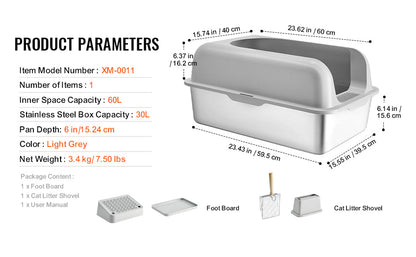 60L Stainless Steel Cat Litter Box with Scoop & Foot Board - Semi/Full Enclosed, Odor-Free